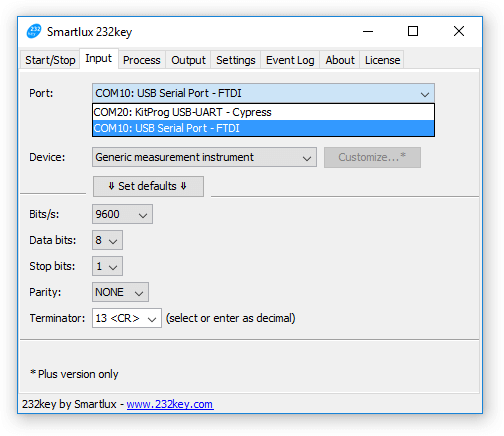 Input tab: Port, device and serial connection parameters