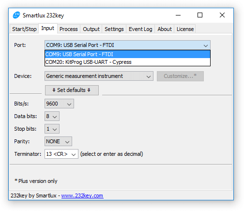 Settings tab: Port, device and serial connection parameters