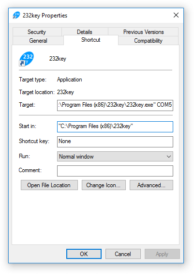 Passing a COM port name as an argument to 232key