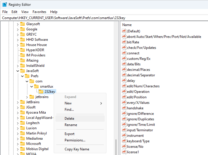 Windows Registry: Deleting 232key key