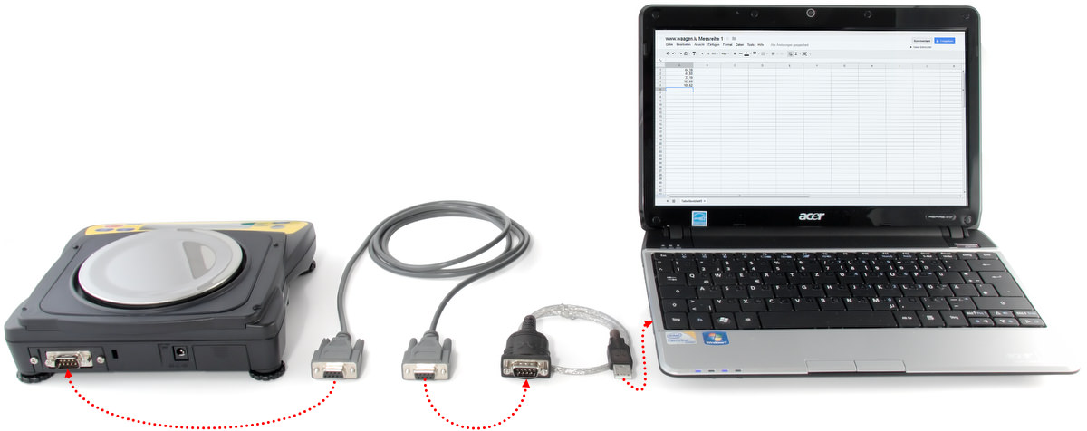 Scale, RS-232 cable, converter to USB, computer