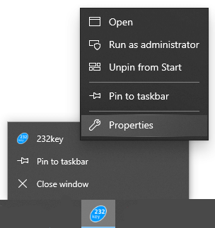 Right-click on icon in taskbar